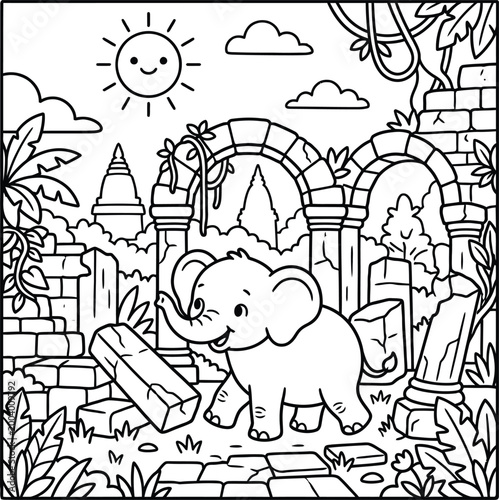 Bold and Easy Elephant Coloring Page - Cozy Moment Cute Kawaii Wild Animal Minimalist Line Art Vector Illustration for Adults and Kids Relaxing Activity Book Asset