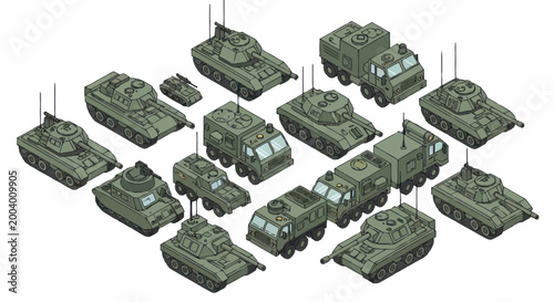 Schilderij op canvas Collection of military tanks and vehicles in isometric view.