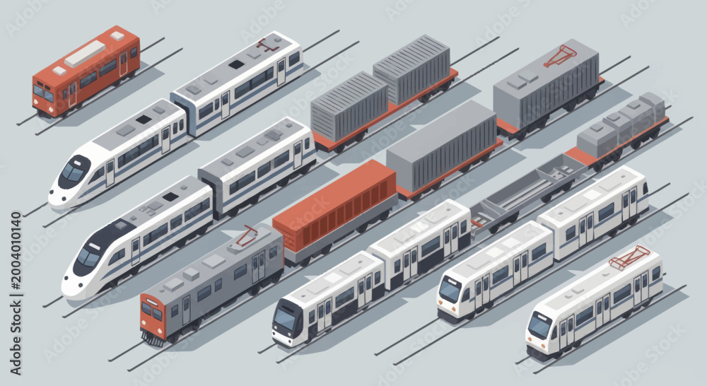 Φωτογραφία Collection of modern trains and cargo wagons isometric view.