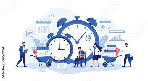 Stressed people work under intense pressure around giant alarm clocks and calendars to meet tight business deadlines.