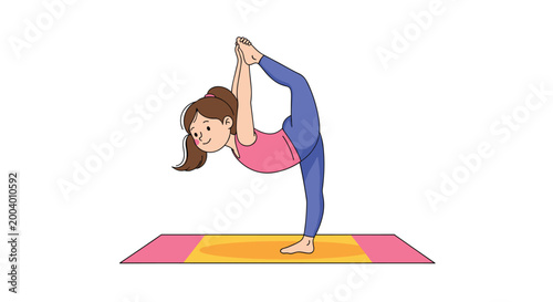 Young female gymnast performs a challenging standing balance yoga pose on a colorful exercise mat against a clean white background.