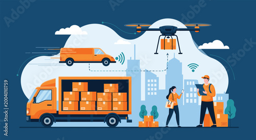 Comprehensive logistics concept showing a delivery truck, van, drone, and couriers managing packages in a smart city environment.