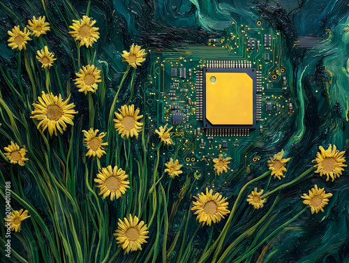 Sunflowers Growing on Circuit Board with Textured Green Background