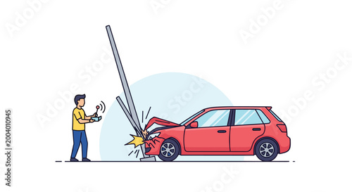 Small red car crashes into a utility pole, causing visible damage to the front bumper while a man nearby looks on in shock.