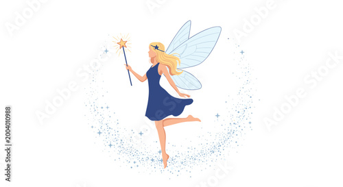 Magical blonde fairy wearing a blue dress and large translucent wings dances in a swirl of sparkling star dust while holding a wand.