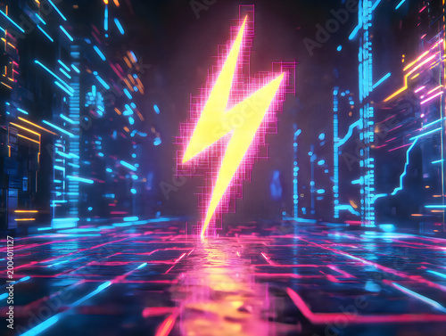 Neon Lightning Bolt Energy Symbol in Futuristic Digital Cityscape Glow