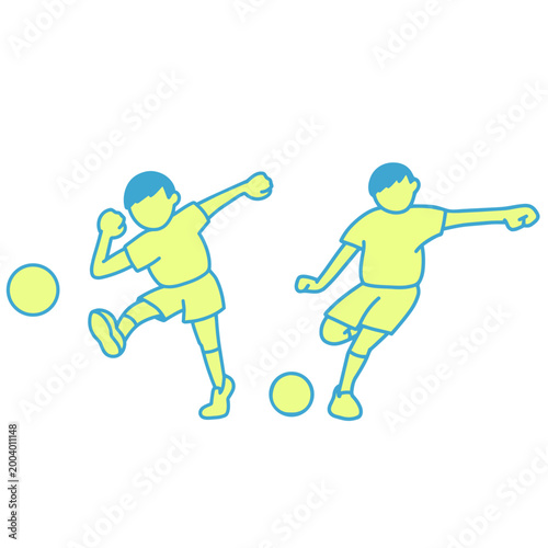 Cute hand-drawn soccer players illustration, two boys kicking football in yellow and blue, sports activity clipart transparent background