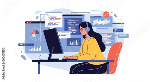 Expert female software developer wearing headphones works on a computer with multiple data screens, charts, and coding windows.