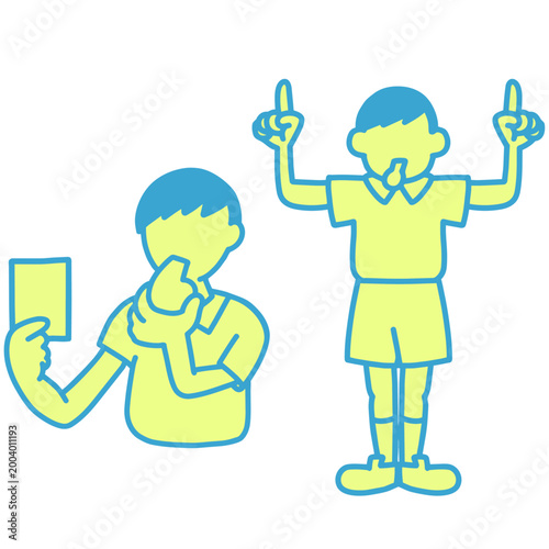 Cute hand-drawn soccer referee illustration, showing card and pointing pose in yellow and blue, World Cup football judge clipart transparent background