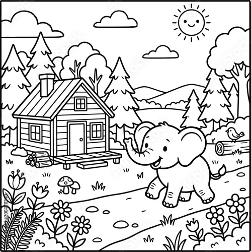 Bold and Easy Elephant Coloring Page - Cozy Moment Cute Kawaii Wild Animal Minimalist Line Art Vector Illustration for Adults and Kids Relaxing Activity Book Asset