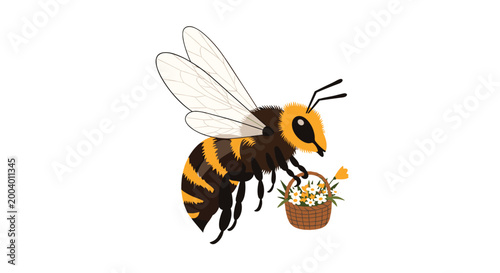 Cute fuzzy bumblebee flies through the air while carrying a small woven basket filled with fresh white and yellow daisies.