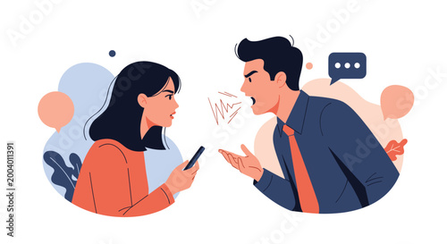 Angry man shouts and gestures aggressively at a woman who is looking at her smartphone during a heated argument or conflict.