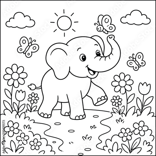 Bold and Easy Elephant Coloring Page - Cozy Moment Cute Kawaii Wild Animal Minimalist Line Art Vector Illustration for Adults and Kids Relaxing Activity Book Asset