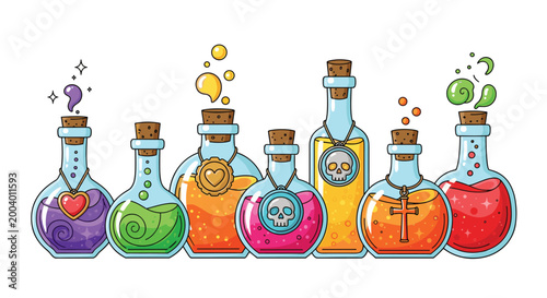 Collection of colorful magical potion glass bottles featuring different liquids and mysterious pendants like skulls and hearts.