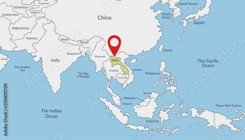 Billede på lærred Laos on a political map of Asia with location marker3