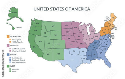 A detailed political map of the United States of America with a statistical and geographical division of the states with an abbreviated names4. Vector flat template.