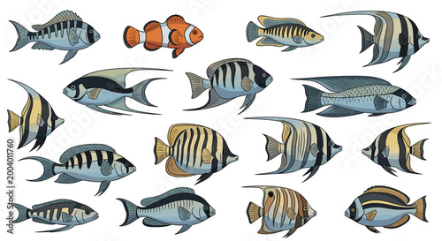 Large set of diverse tropical fish illustrations showing different shapes patterns and colors for marine life aquarium themes.