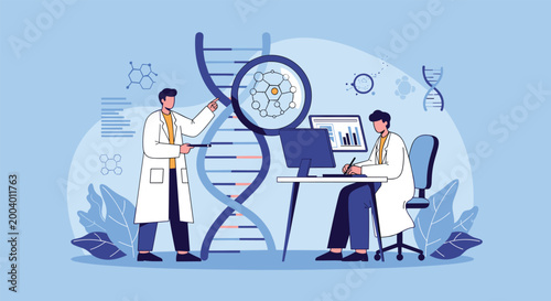 Professional laboratory researchers analyze complex DNA strands and molecular data using advanced technology and computers.
