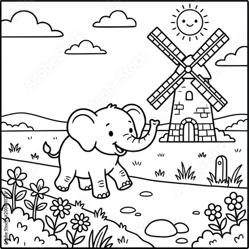 Bold and Easy Elephant Coloring Page - Cozy Moment Cute Kawaii Wild Animal Minimalist Line Art Vector Illustration for Adults and Kids Relaxing Activity Book Asset