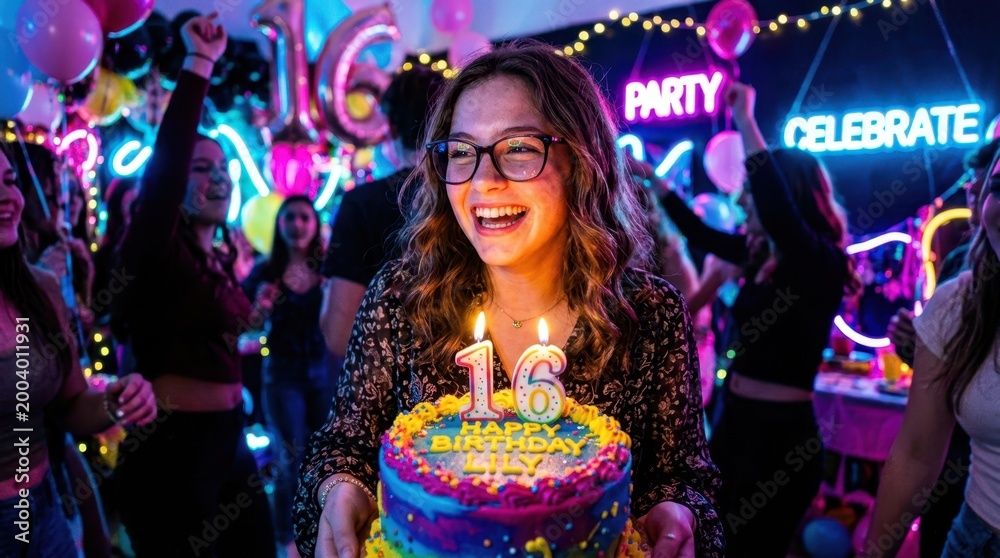 Fototapeta premium Young woman celebrating her 16th birthday with a colorful cake and friends