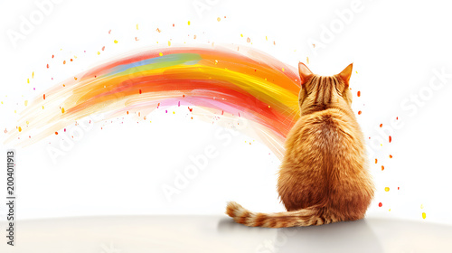 Ginger cat from behind looking at rainbow arch isolated on white. Curiosity and pride concept