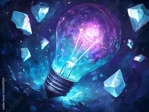 Glowing light bulb with crystals floating in cosmic nebula abstract concept