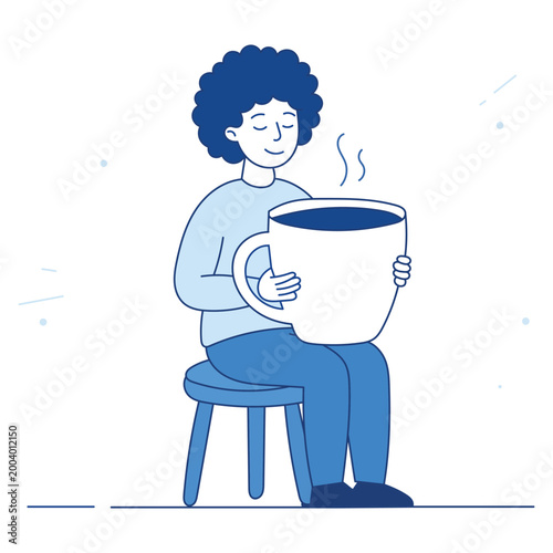 Relaxed Person Enjoying Hot Beverage in Large Mug Cozy Comforting Moment Simple Line Art Style Calm Blue Hues Minimalist Design