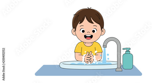Cheerful young boy diligently washing his hands with soap and water at a bathroom sink to maintain good hygiene.
