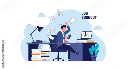 Overwhelmed businessman experiencing job burnout at his desk with piles of paper flying and a shattered laptop screen.