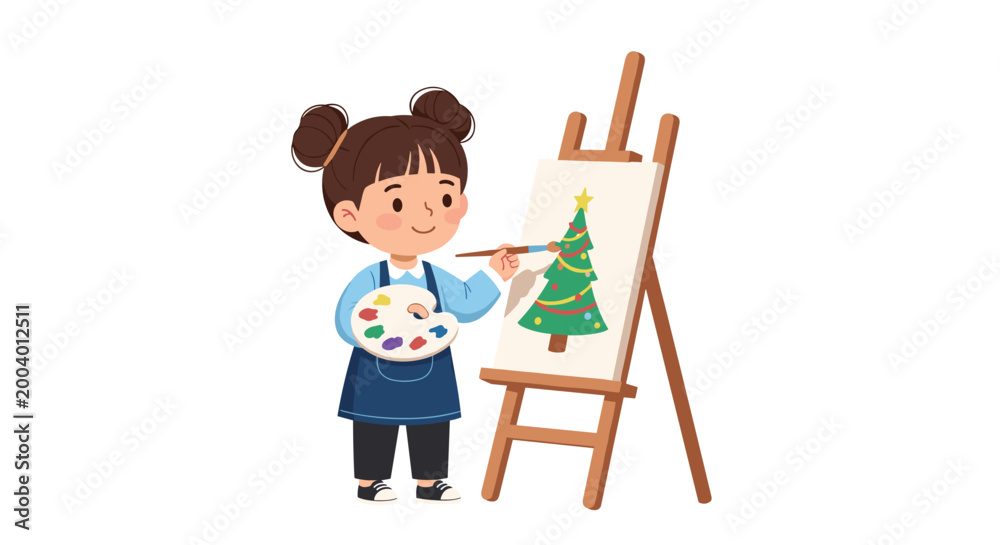 Fototapeta premium Creative young girl wearing an apron and holding a palette while painting a decorated Christmas tree on a wooden easel.