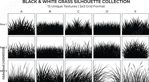 Fotografie Black and white grass silhouette textures collection with natural foliage backgr