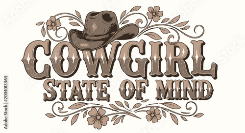 Vintage western cowgirl typography vector in brown, cowboy hat and floral ornament, cowgirl quote graphic for t-shirt print, poster, sticker branding