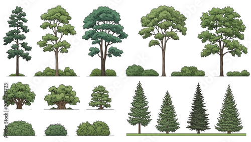 Various trees and bushes in 2D AutoCAD illustrations for landscaping