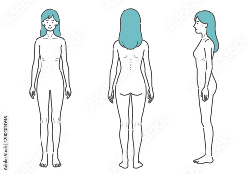 痩せ型の成人女性の全身イラスト（正面・背面・側面の3アングルセット）