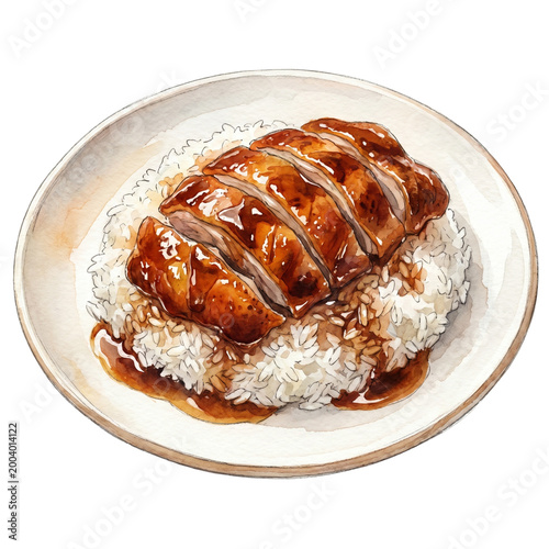 Thai Roast Duck on Rice Watercolor Illustration Crispy Duck Dish Isolated