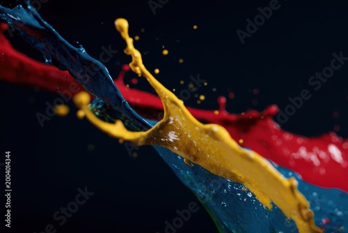 Energetic Multicolored Liquid Streams Crash And Scatter Across Dark Surface In Highspeed Freeze Frame