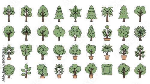 Various plants and trees in pots are illustrated in 2D AutoCAD for landscaping purposes indoors.