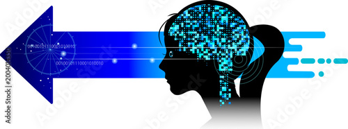 Abstract vector illustration of a woman silhouette with digital AI brain thinking process, copy space