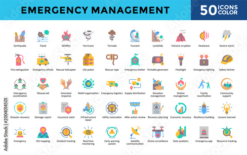 Emergency Management icons set with earthquake, flood, wildfire, hurricane, community support, landslide, volcanic eruption, heatwave, portable generator icon. Simple color vector 
