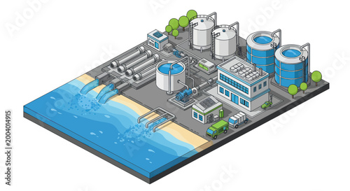 Modern Water Treatment Plant Facility Industrial Infrastructure.