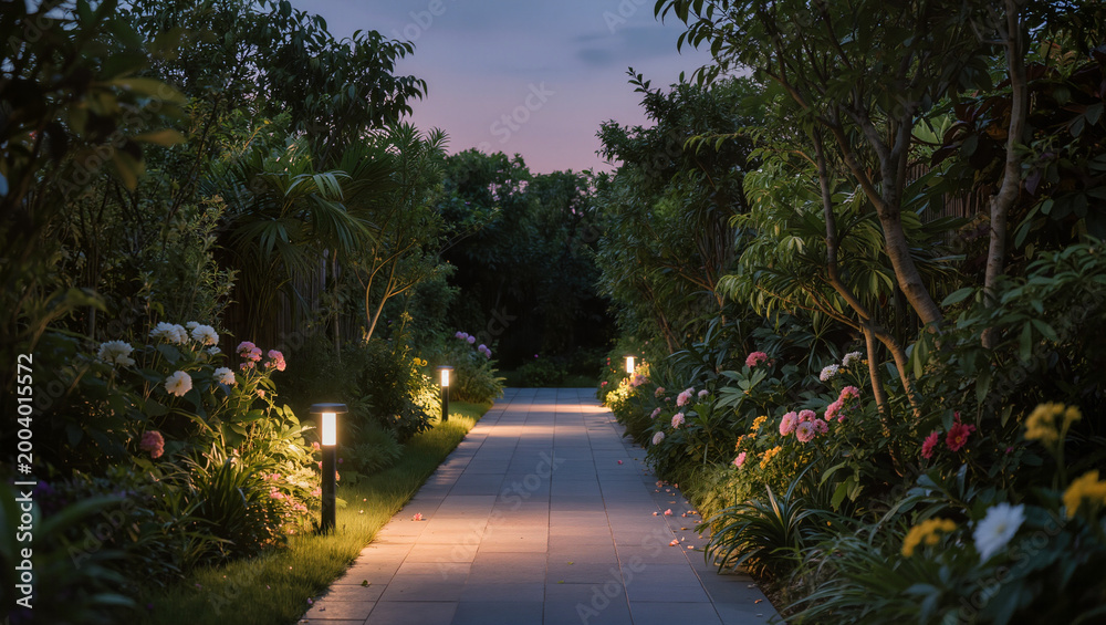Fototapeta premium Evening Garden Path with Illuminating Lights and Lush Greenery