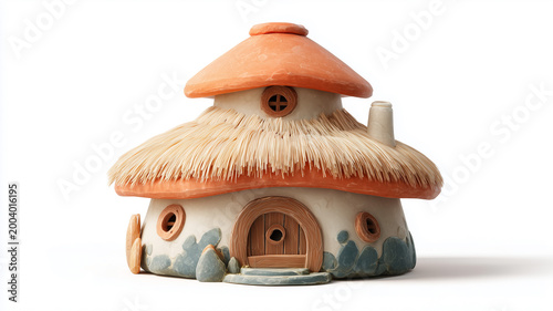 Clay miniature house with thatched roof and stone details isolated on white background