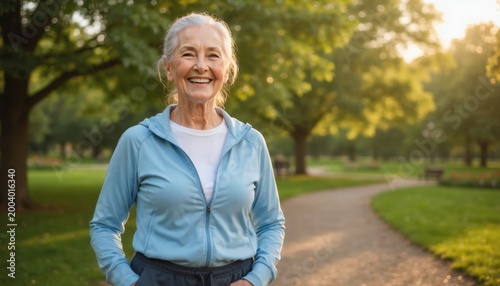 Joyful Journey: An active senior woman smiles radiantly while walking along a park pathway on a beautiful day, embracing a healthy lifestyle.