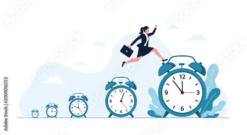 Energetic businesswoman jumps over a series of alarm clocks that increase in size to symbolize meeting deadlines and effective time management.