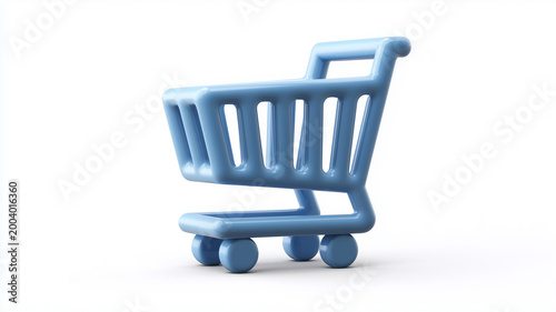 Blue plastic shopping cart on white background for retail or commerce use
