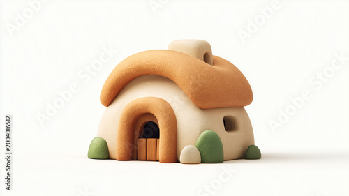 A small clay house with a brown roof and green bushes around it isolated on white background