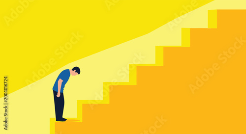 Man in a blue shirt stands at the base of a tall yellow staircase looking down with a sense of hesitation or lack of motivation for a task.