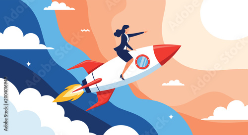 Ambitious businesswoman riding a powerful rocket high above the clouds, symbolizing rapid growth, professional success, and visionary leadership.