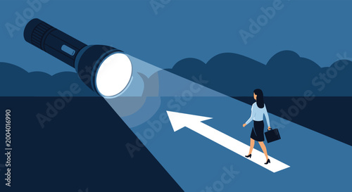 Businesswoman walking forward along a white arrow illuminated by a large flashlight in the dark, symbolizing guidance and strategic clarity.