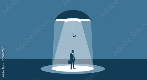 Businessman standing under a beam of light cast by an umbrella shape, representing protection, security, and specialized focus.